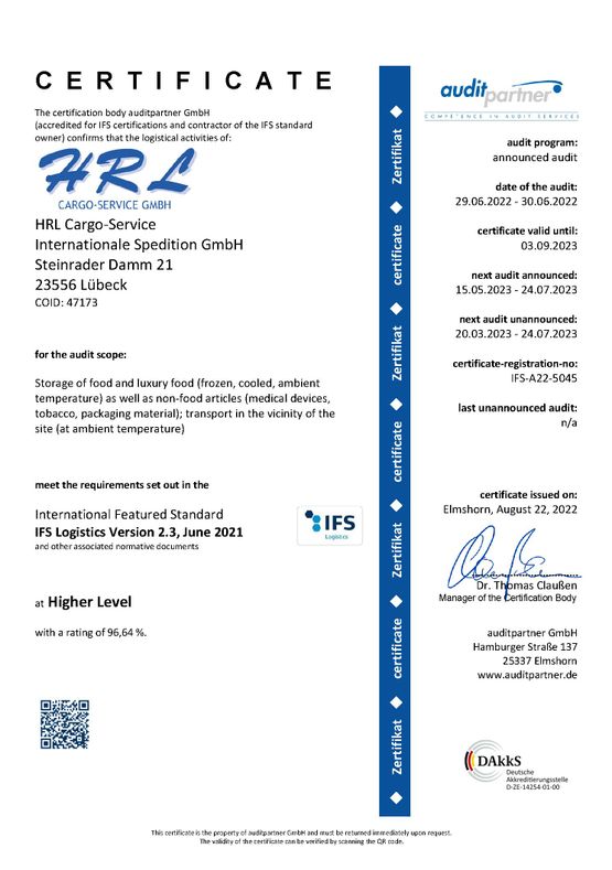HRL Cargo-Service GmbH, Gesellschaft, Tiefkühllagerung, Qualität, Technik, Erfolg, Mitarbeiter, Leistung, kompetent, Kühllagerung, Schwerpunkt, Tradition, Lebensmittelzulieferindustrie, Ware, Lebensmitte, Lübeck, Logistik, Steinrader Damm 21, auditpartner