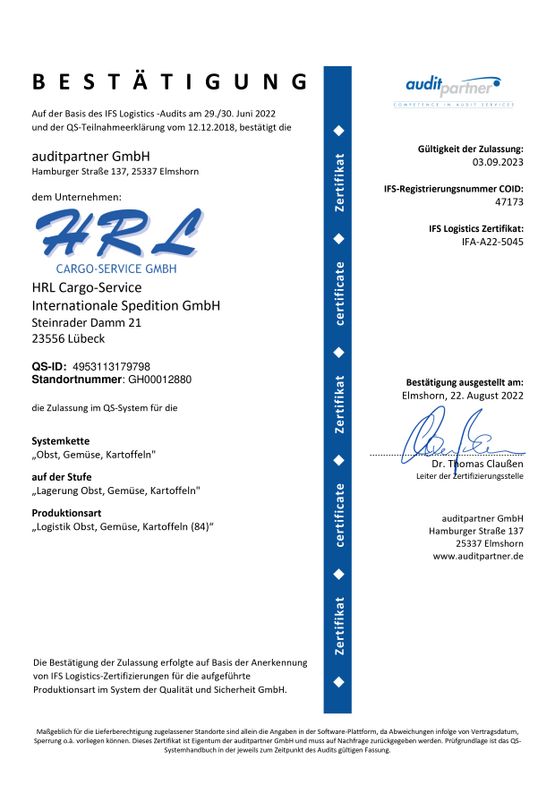 HRL Cargo-Service GmbH, Gesellschaft, Tiefkühllagerung, Qualität, Technik, Erfolg, Mitarbeiter, Leistung, kompetent, Kühllagerung, Schwerpunkt, Tradition, Lebensmittelzulieferindustrie, Ware, Lebensmitte, Lübeck, Logistik, Steinrader Damm 21, auditpartner